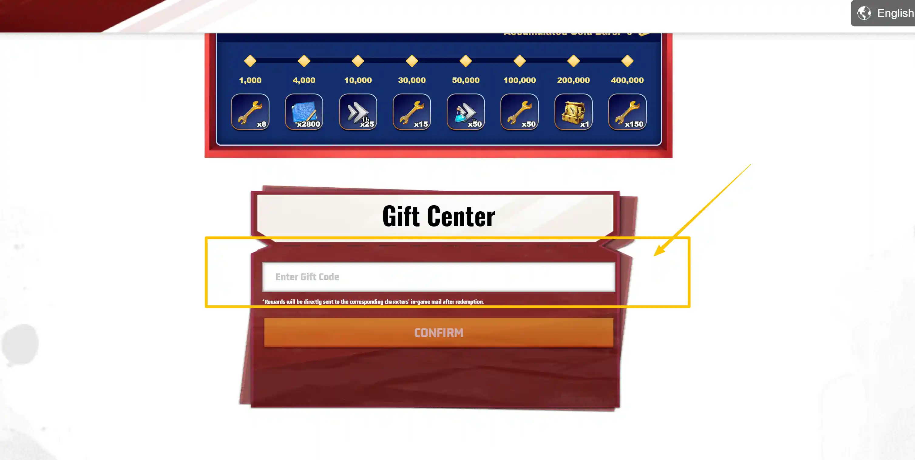 Official Last Z Gift Center with the gift-code entry field and Confirm button
