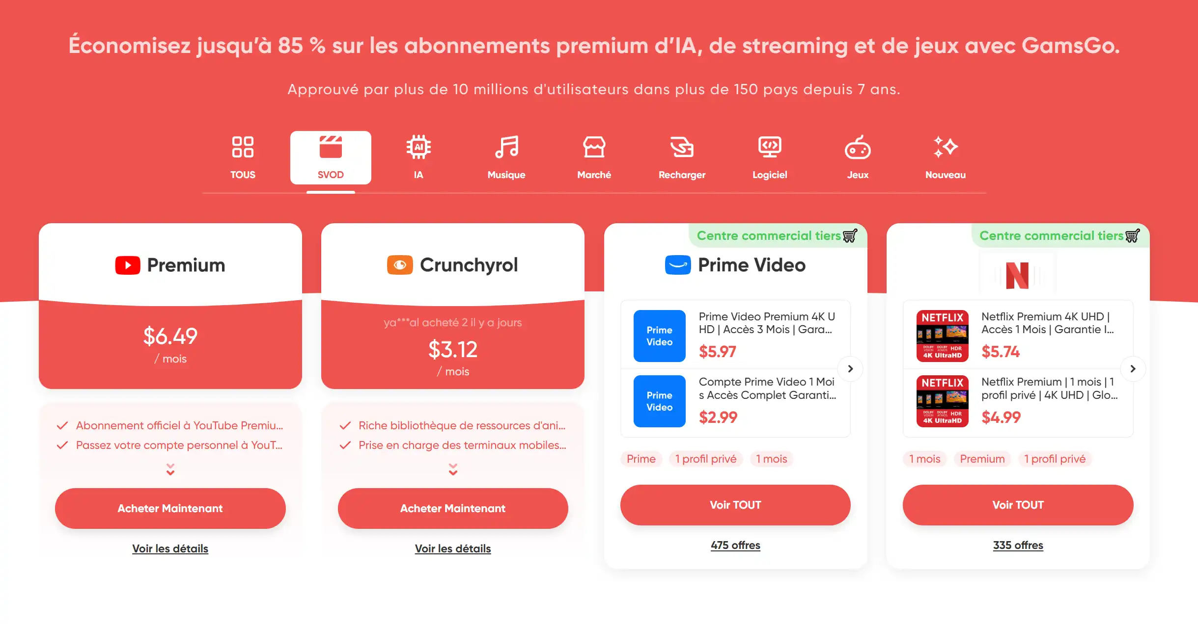 Offres d’abonnement YouTube Premium, Crunchyroll, Prime Video et Netflix affichées sur GamsGo
