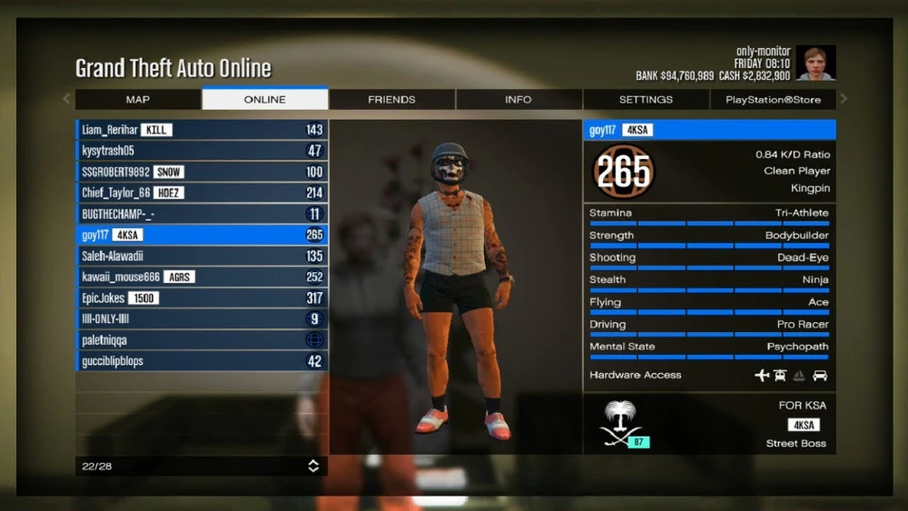GTA Online modded account at rank 265 with maxed stats