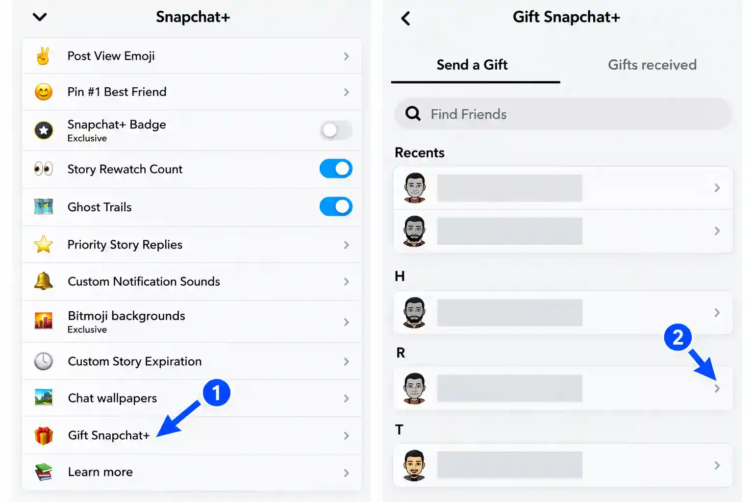 Menu « Offrir Snapchat+ » et sélection de l’ami destinataire