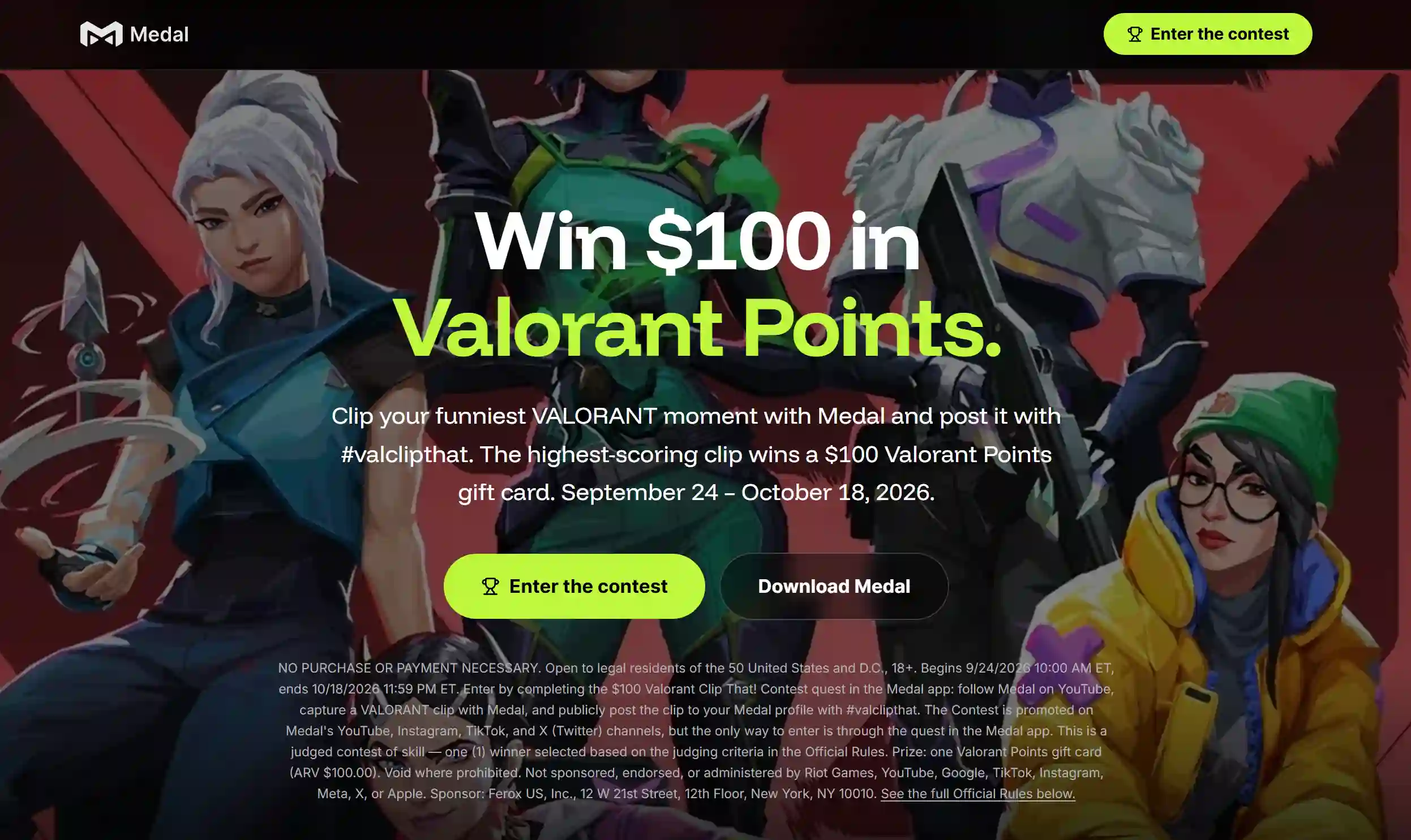 Medal's Valorant clip contest offering a $100 VP gift card from September 24 to October 18, 2026