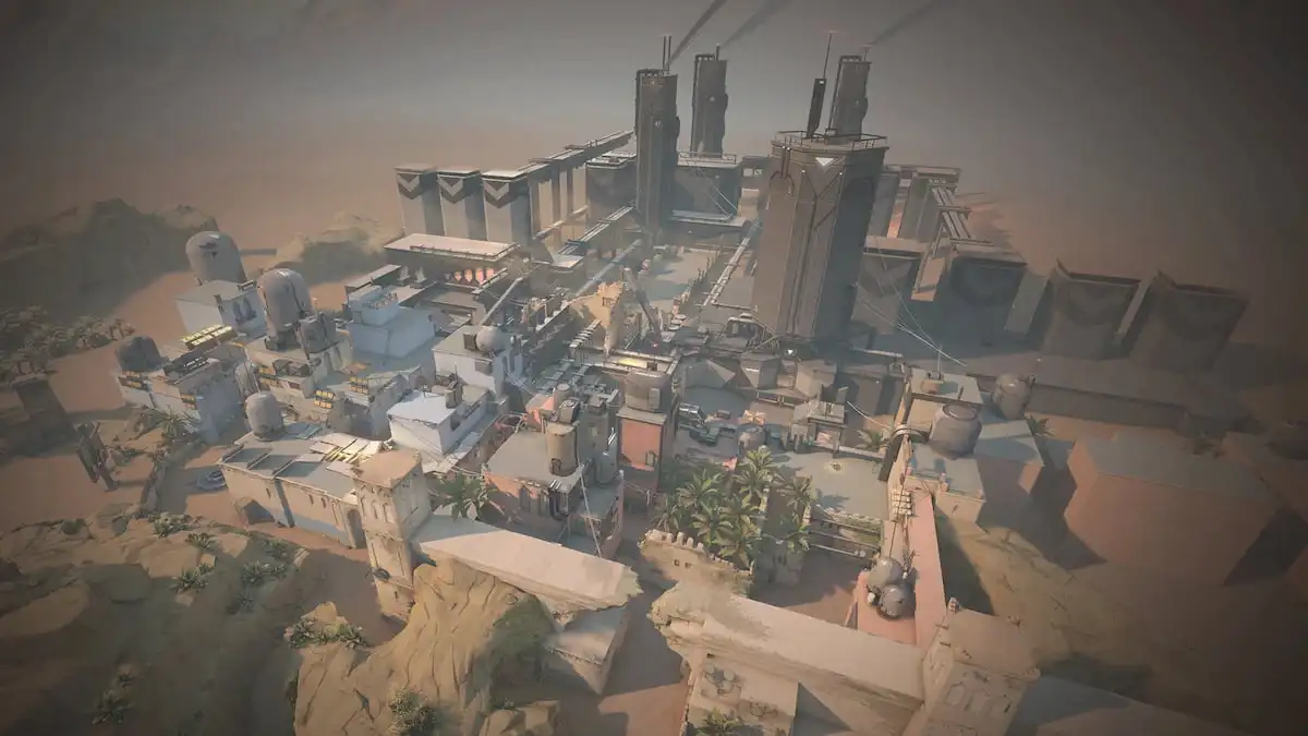 Aerial view of Bind's desert buildings and industrial complex in VALORANT