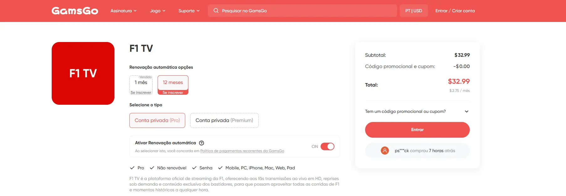 período de teste gratuito do F1 TV Pro