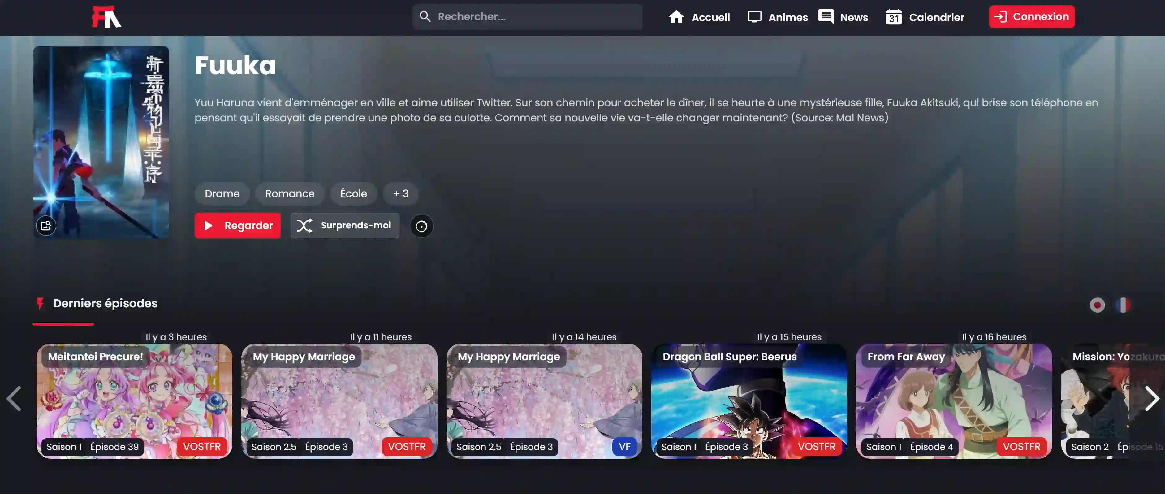 Interface de FRAnime pour rechercher des animes et parcourir les épisodes
