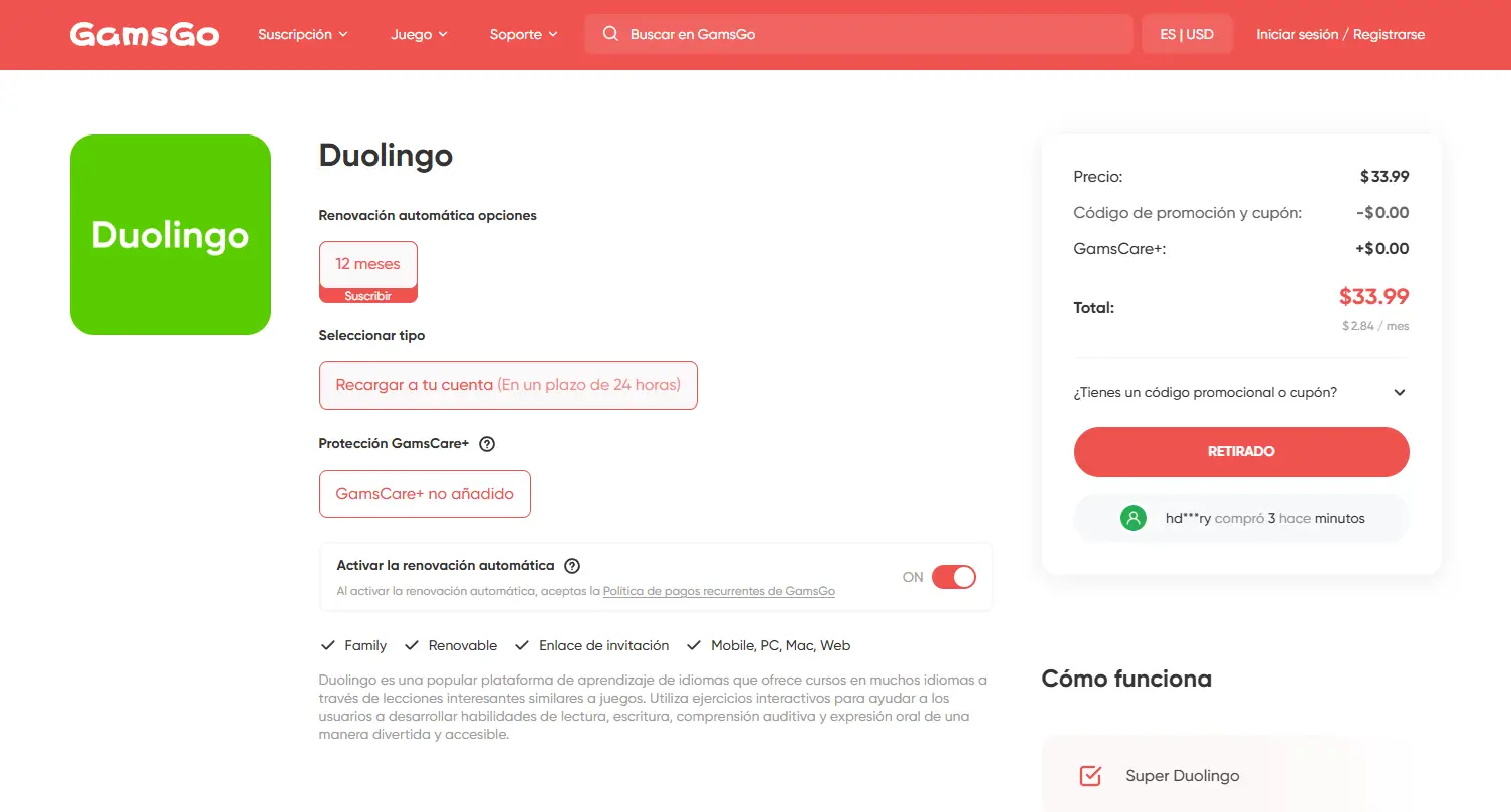 Consigue Súper Duolingo por menos dinero con GamsGo