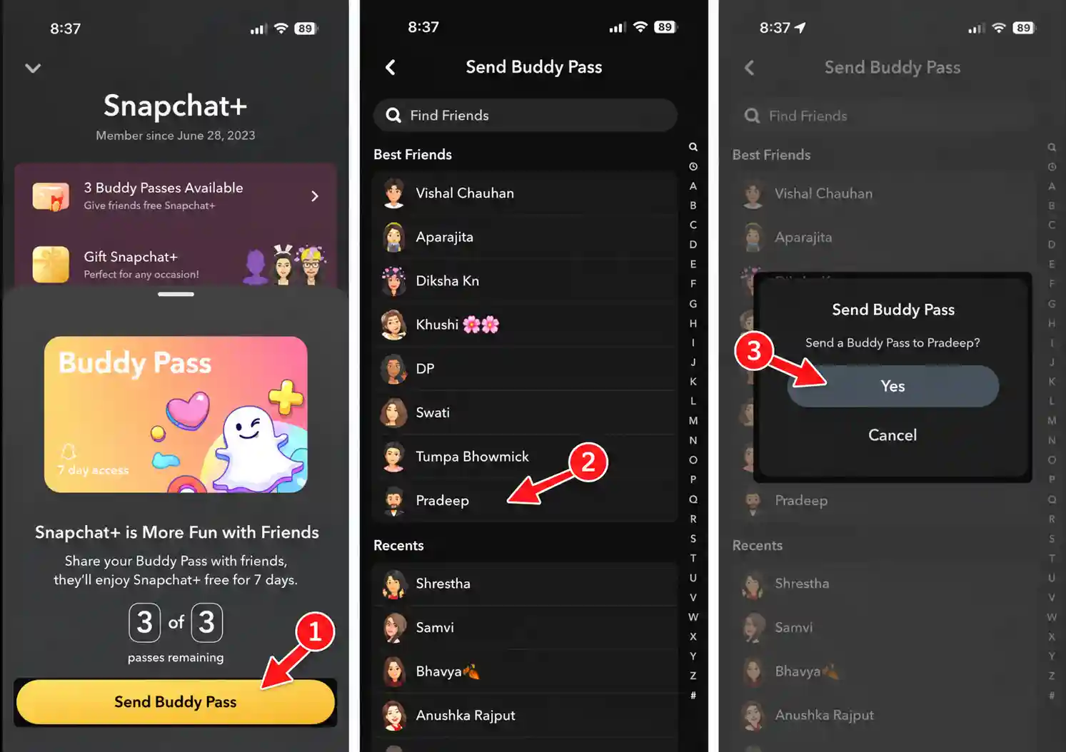 Envoi d’un Pass ami offrant 7 jours de Snapchat+, du choix de l’ami à la confirmation