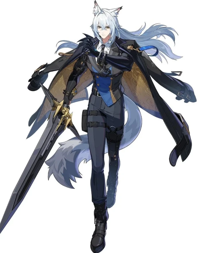 Severian Lowell character art with silver hair, a black coat, and a gold-accented sword