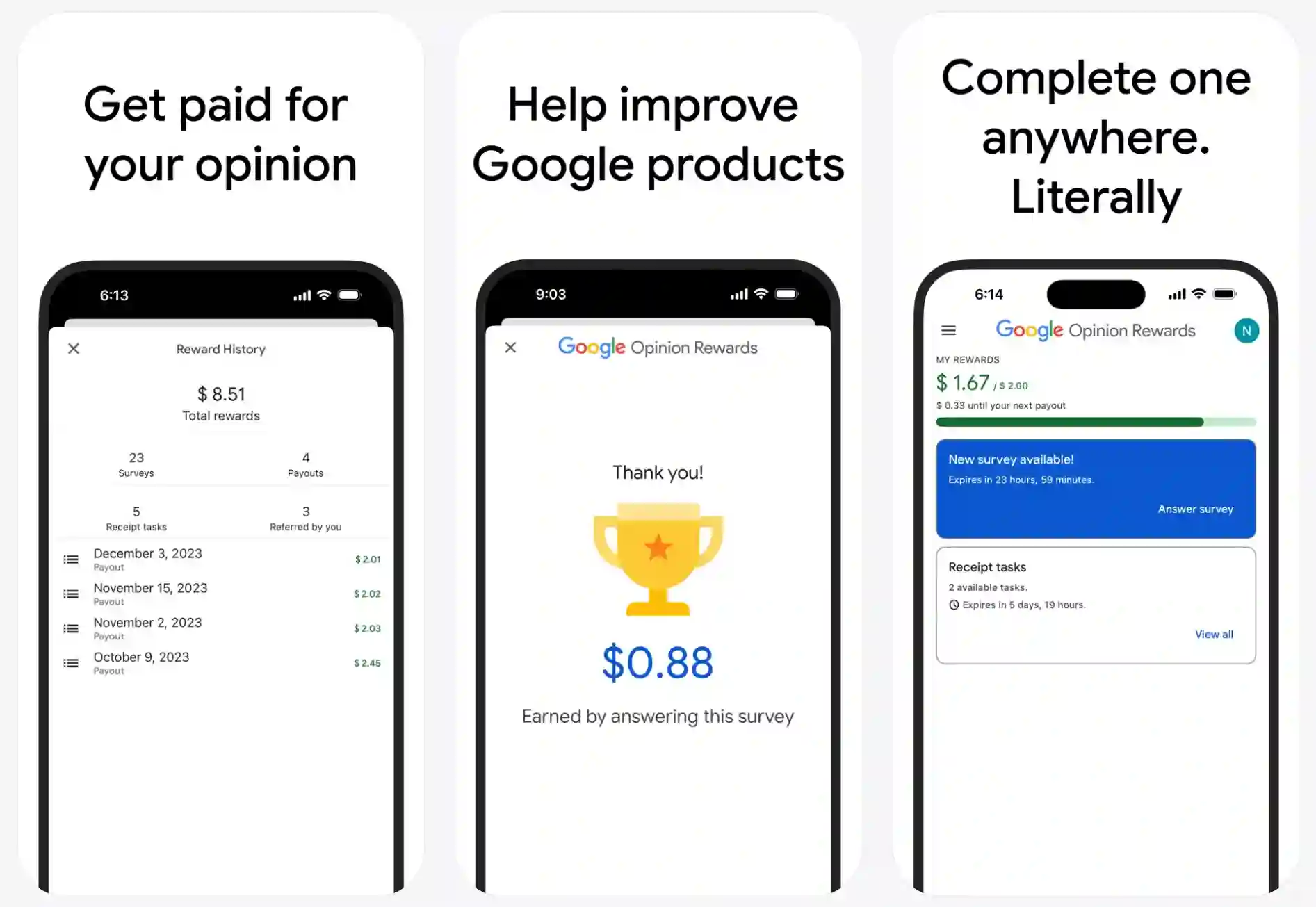 Google Opinion Rewards iOS screenshots showing survey earnings, reward history, and payout progress