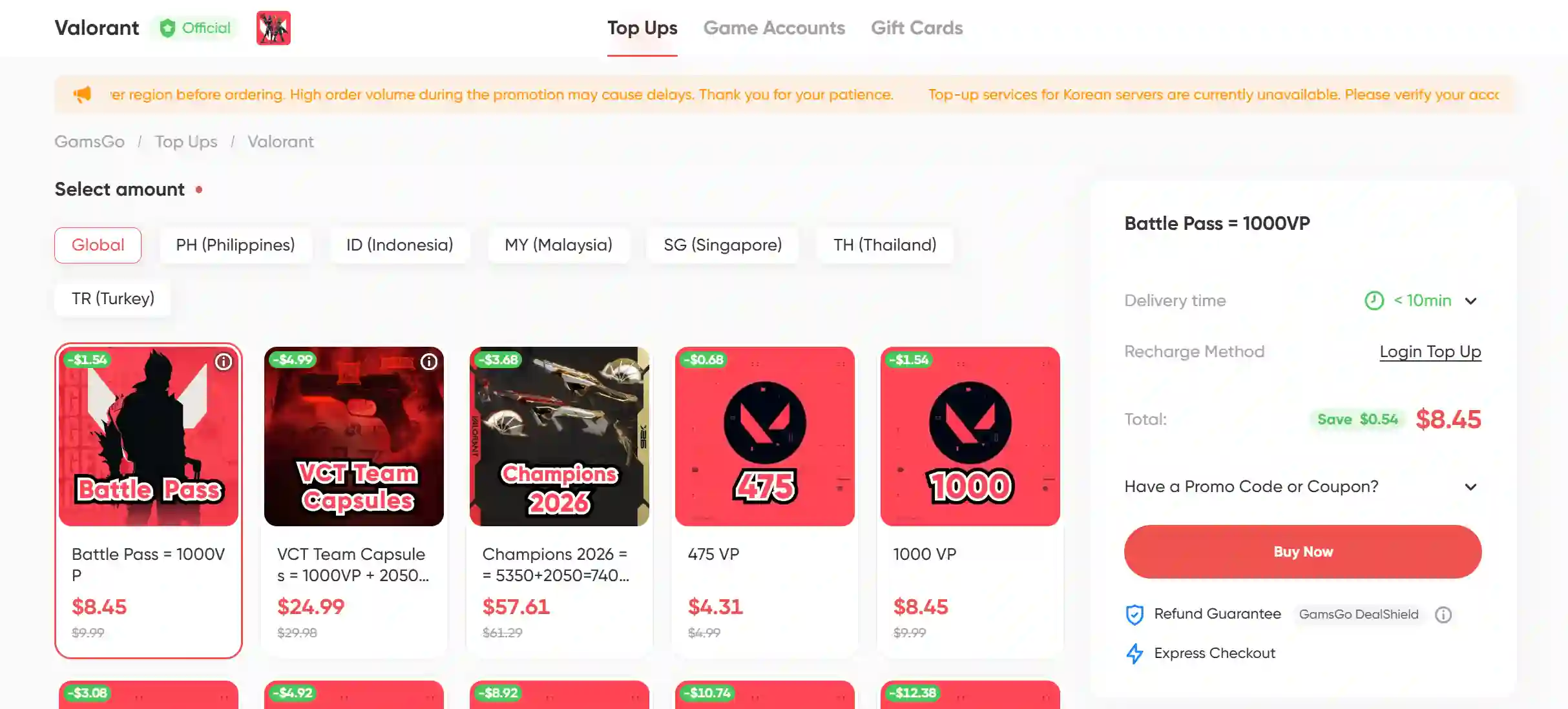GamsGo Valorant top-up page with regional options, VP packages, prices, and DealShield protection