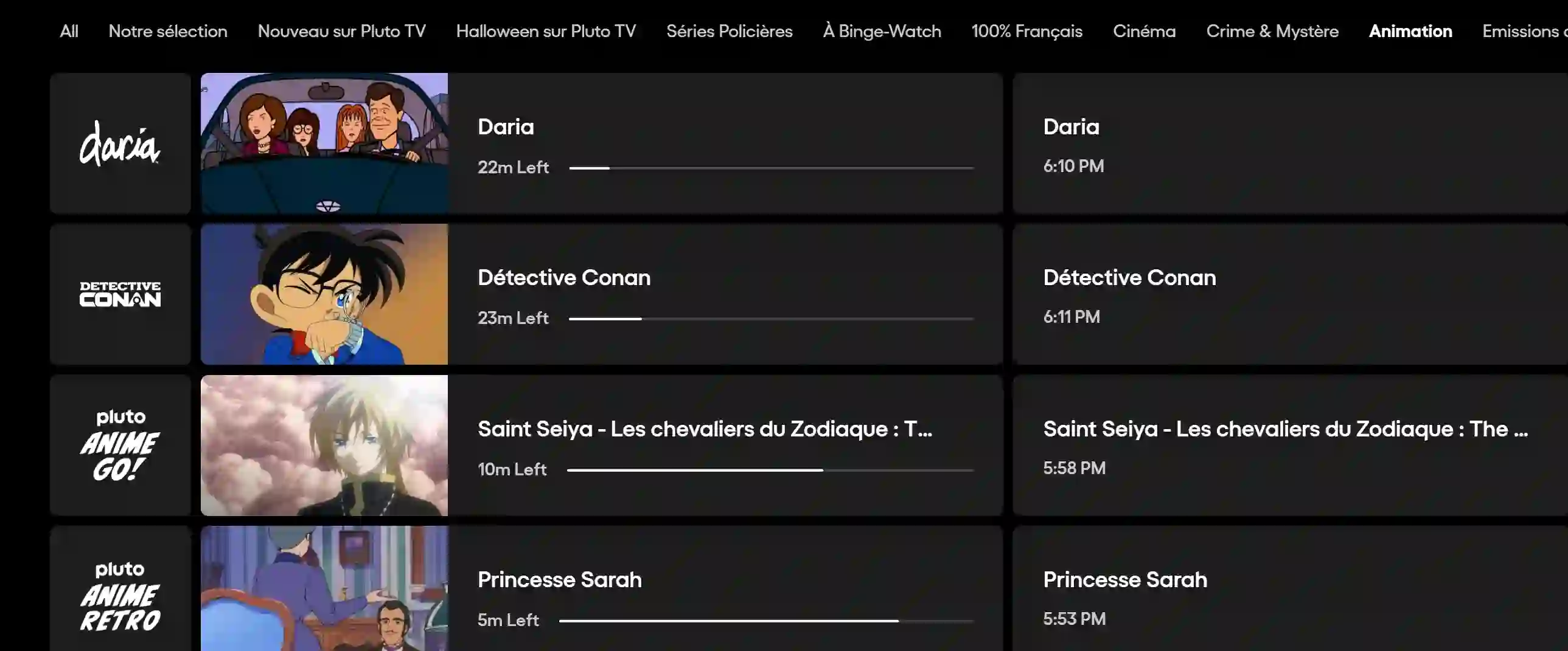 Interface de Pluto TV et programmes disponibles en streaming