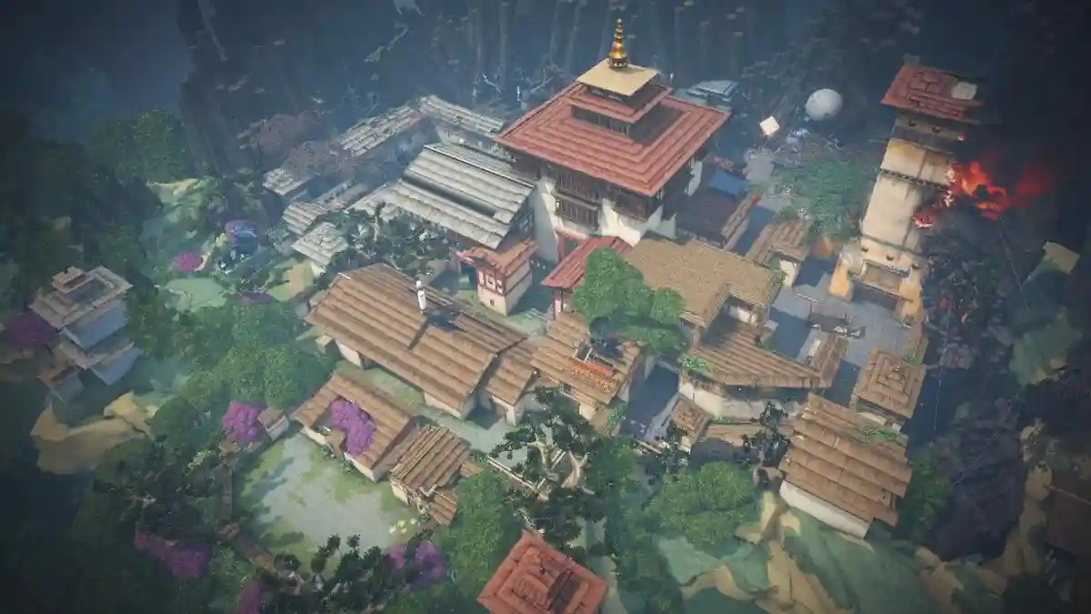 Aerial view of Haven's temple buildings and connected courtyards in VALORANT