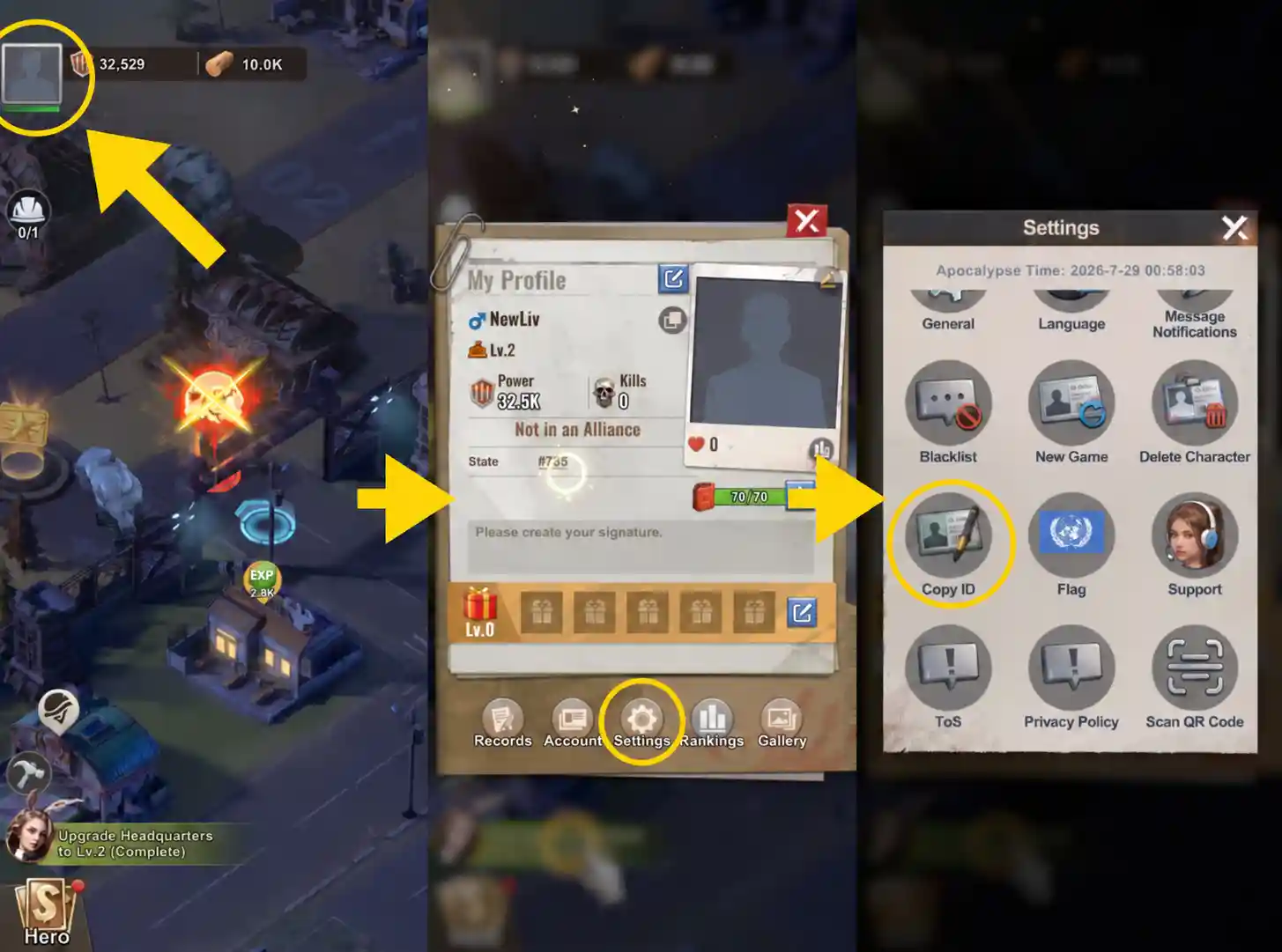 How to find your Last Z player UID: tap Avatar, Settings, then Copy ID