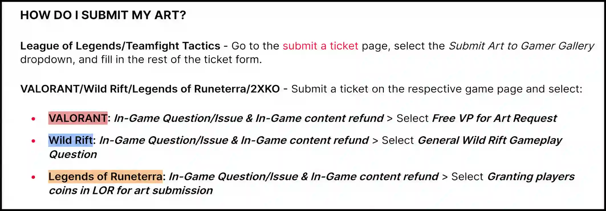 Riot support instructions showing the Free VP for Art Request ticket category for VALORANT