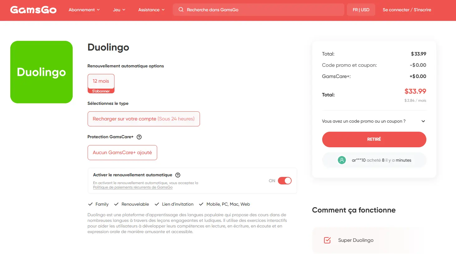 Profitez de Super Duolingo à prix réduit avec GamsGo