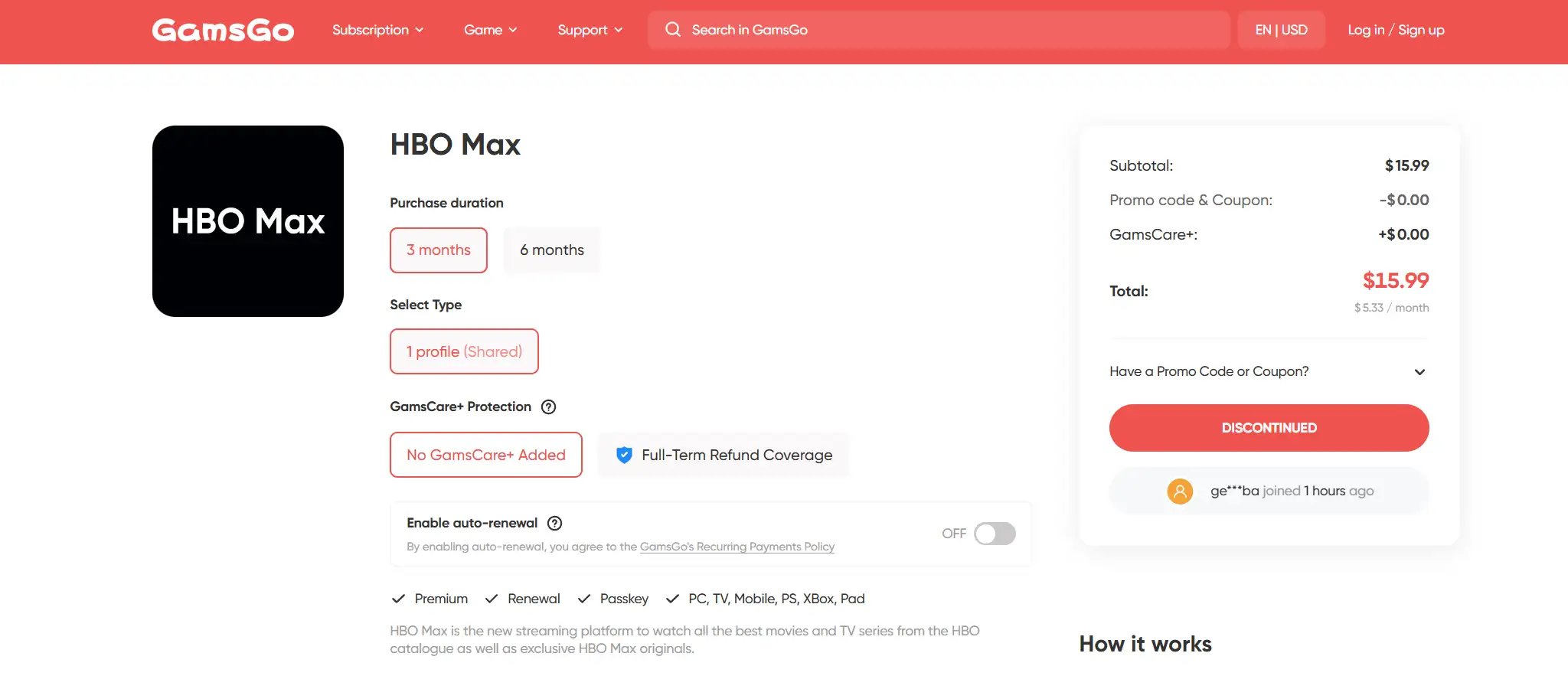 Cheap HBO Max Premium account on GamsGo