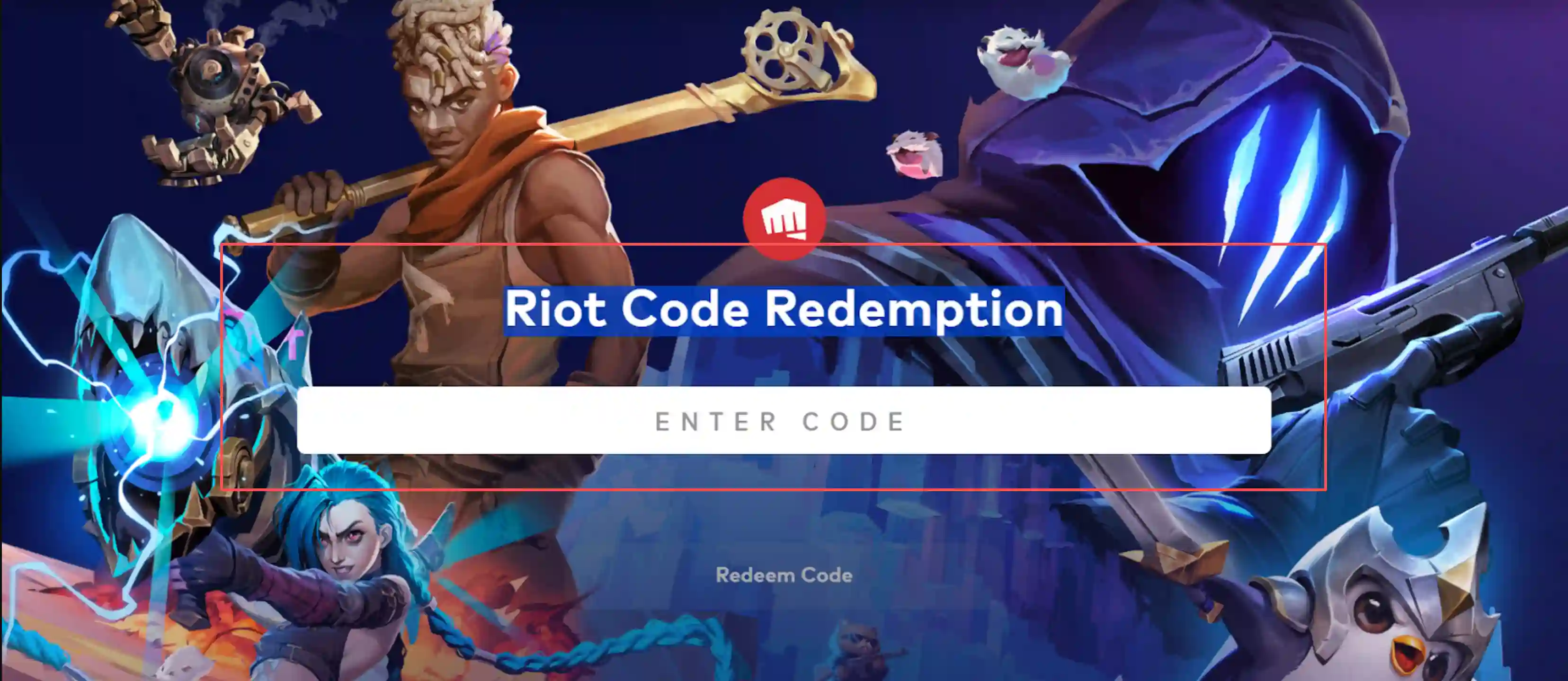 Riot Code Redemption page with the code entry field and Redeem Code button
