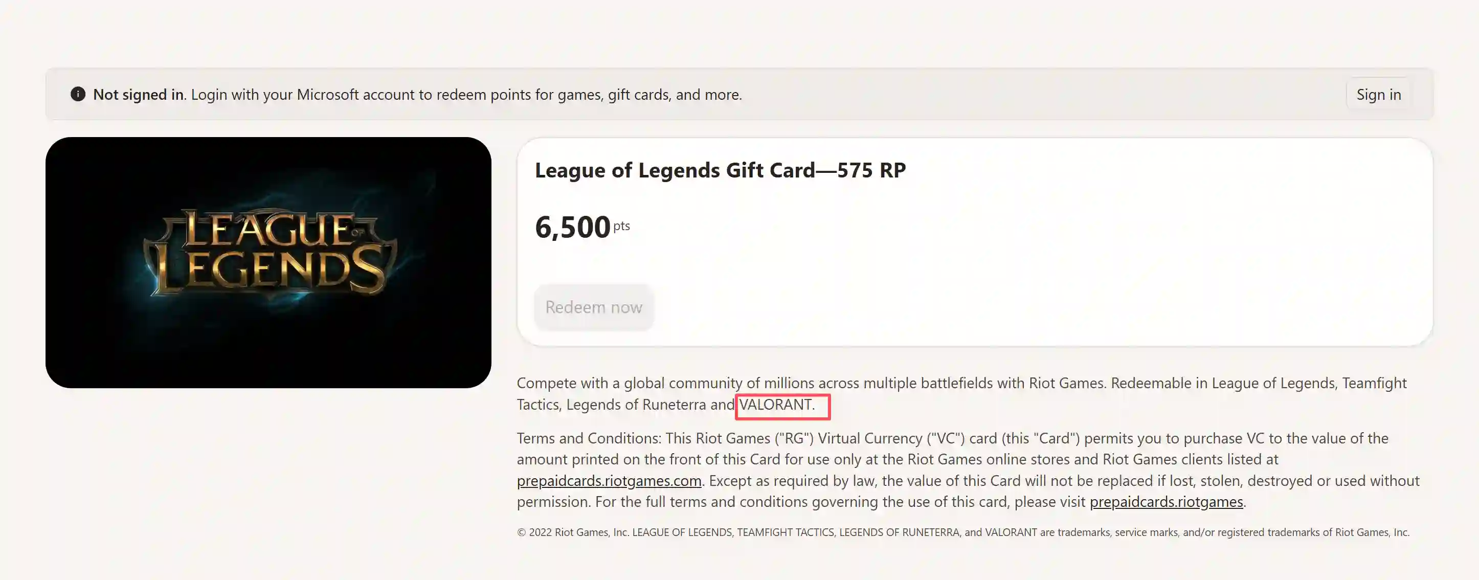 Microsoft Rewards listing for a 575 RP Riot gift card costing 6,500 points and redeemable in VALORANT
