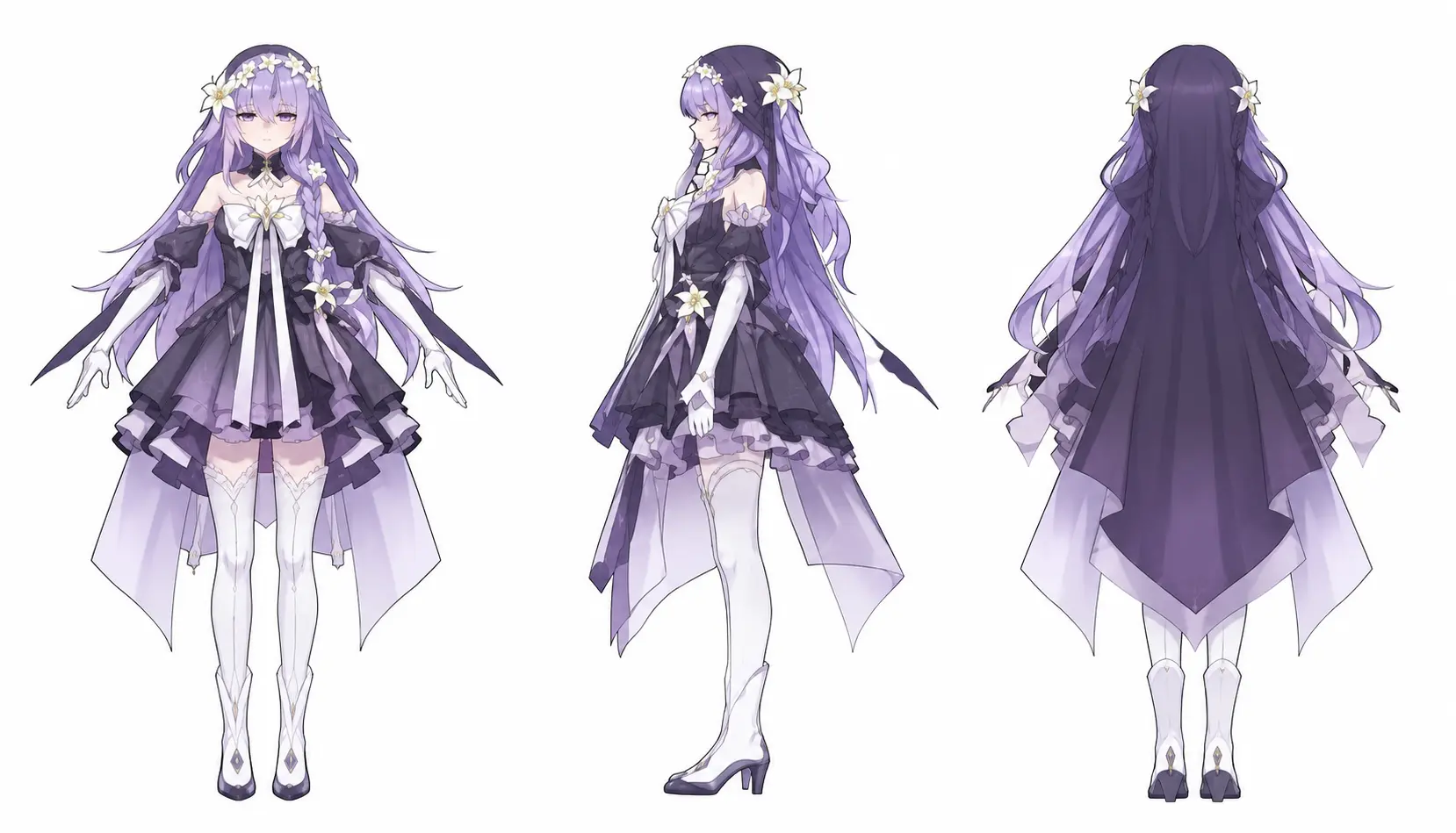 Lily character design shown from the front, side, and back