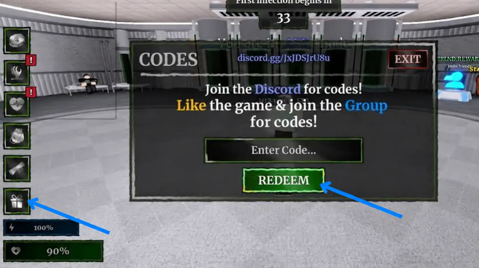Plague code redemption screen showing the gift icon, code field, and REDEEM button