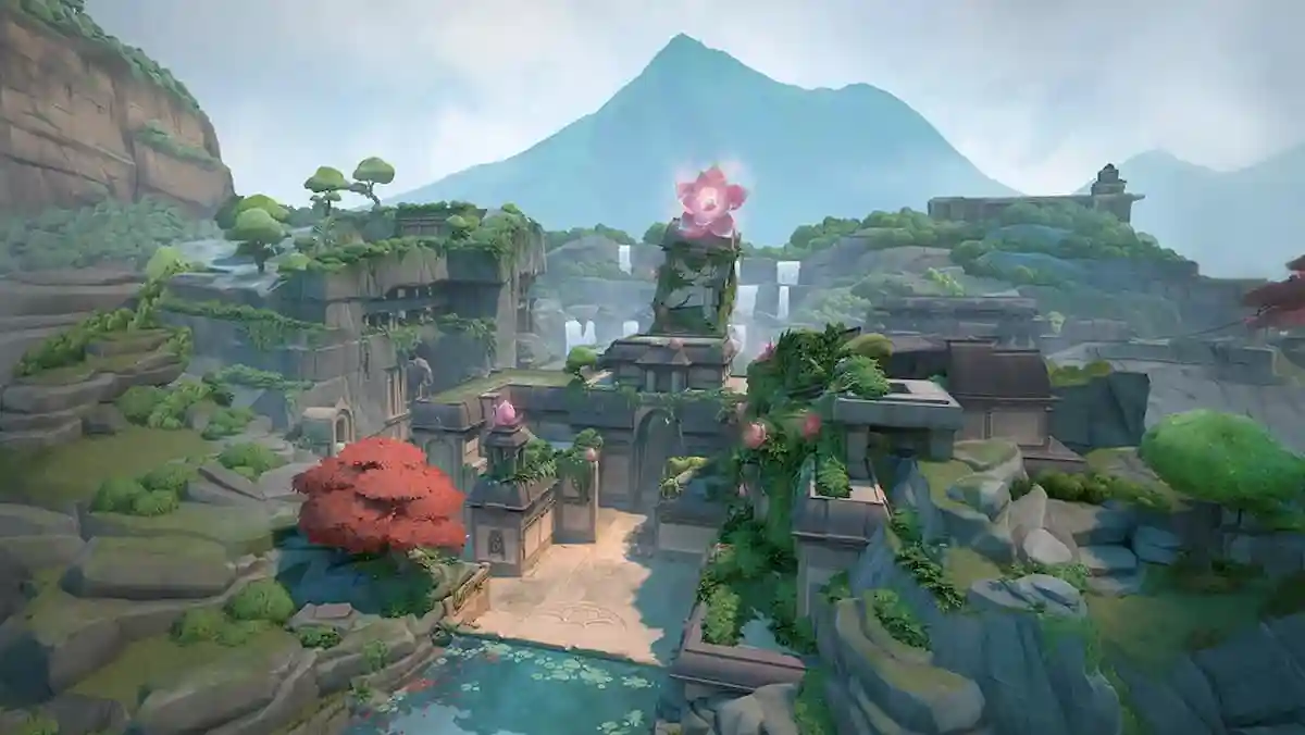 Lotus's ancient stone ruins, lush vegetation and waterfalls in VALORANT