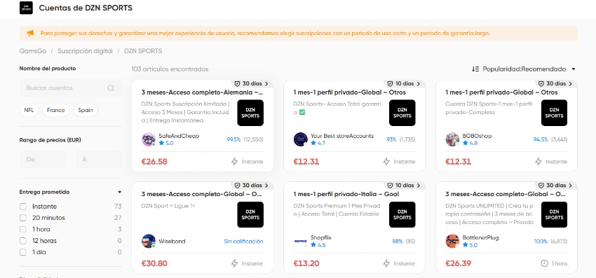 Opciones de suscripción a DAZN en GamsGo
