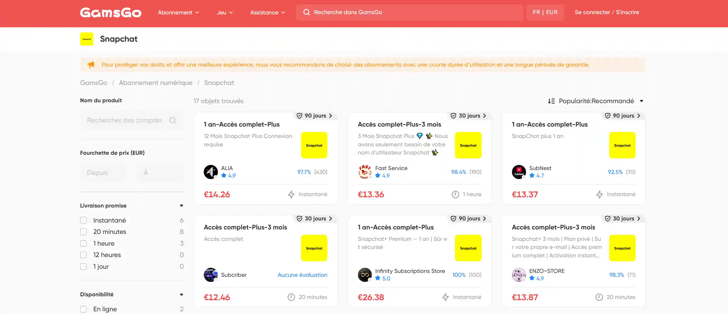 Offres Snapchat+ sur GamsGo avec prix, vendeurs et durées de garantie