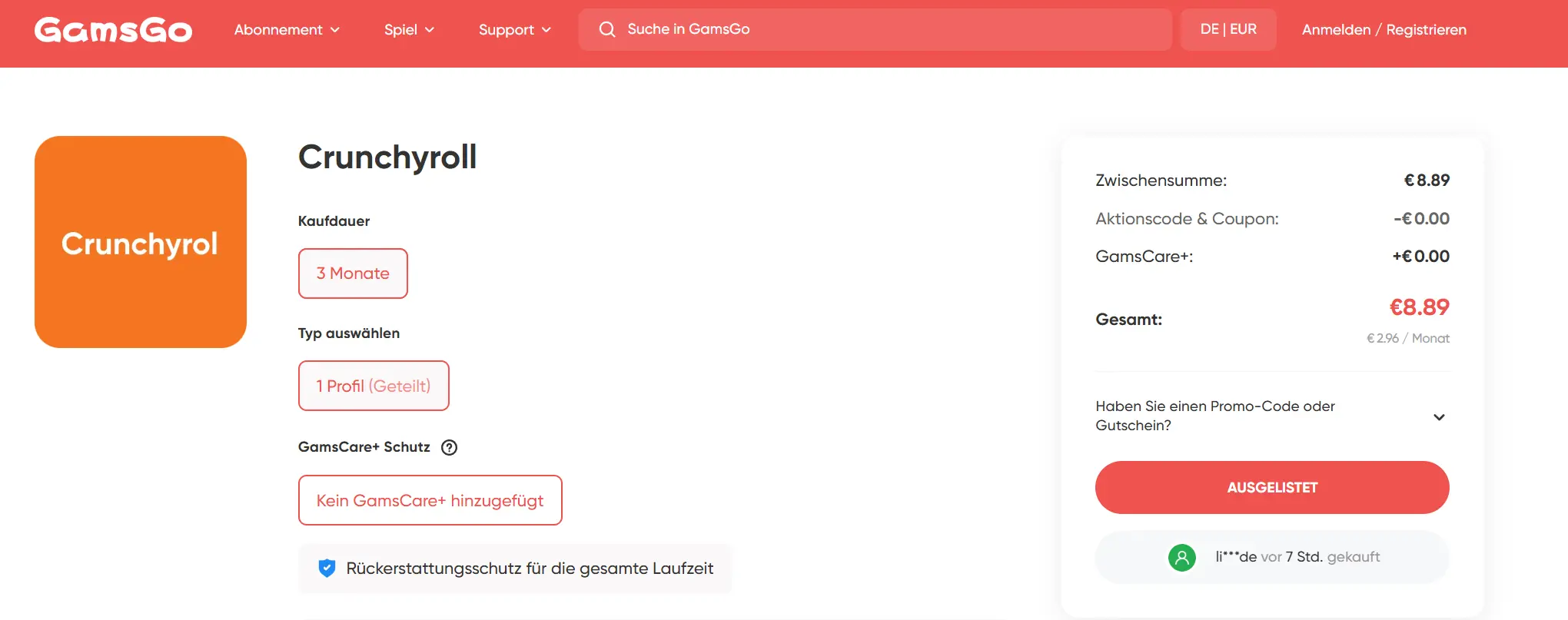 GamsGo-Bestellseite für ein geteiltes Crunchyroll-Profil mit drei Monaten Laufzeit und Preisübersicht