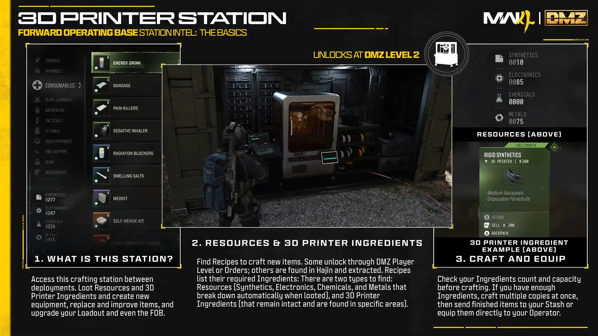 MW4 DMZ 3D Printer crafting menu and recipes