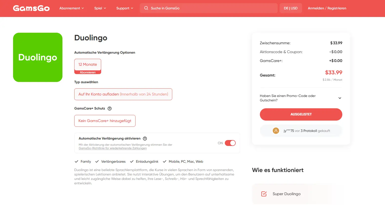 Super Duolingo mit GamsGo günstiger abonnieren