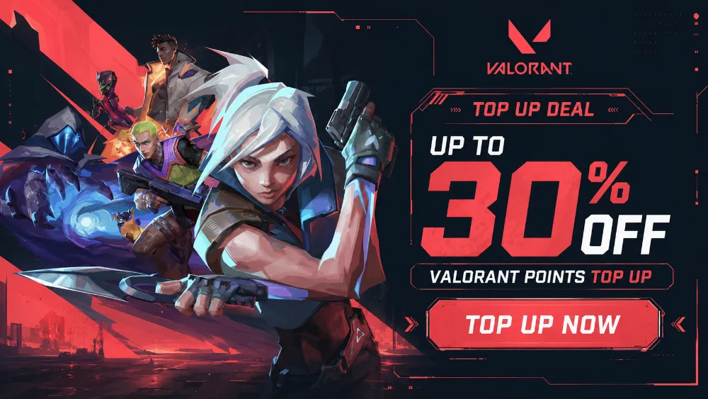 Valorant VP top-up promotion with Jett and other agents advertising up to 30% off