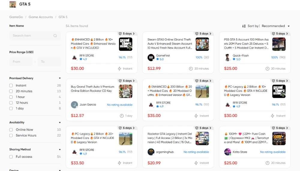 GTA modded accounts for sale on GamsGo Marketplace